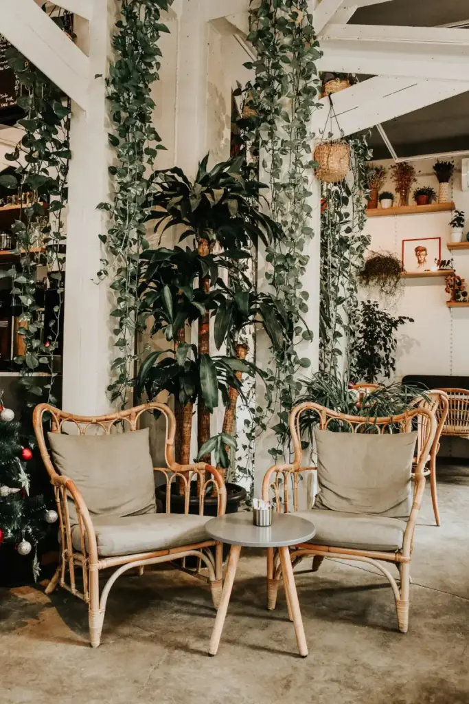 Salle de café aménagée en bois clair et suspensions en rotin