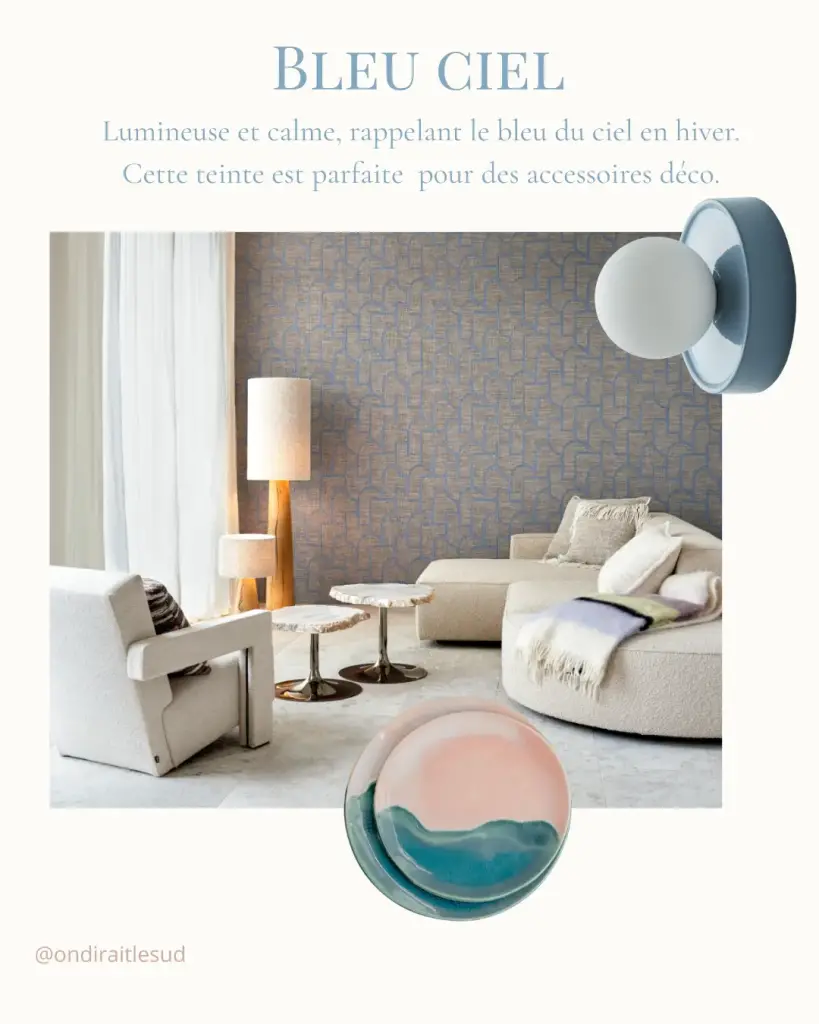 Planche d’ambiance d’On dirait le Sud autour du bleu ciel : la teinte, du mobilier et des objets qui la portent