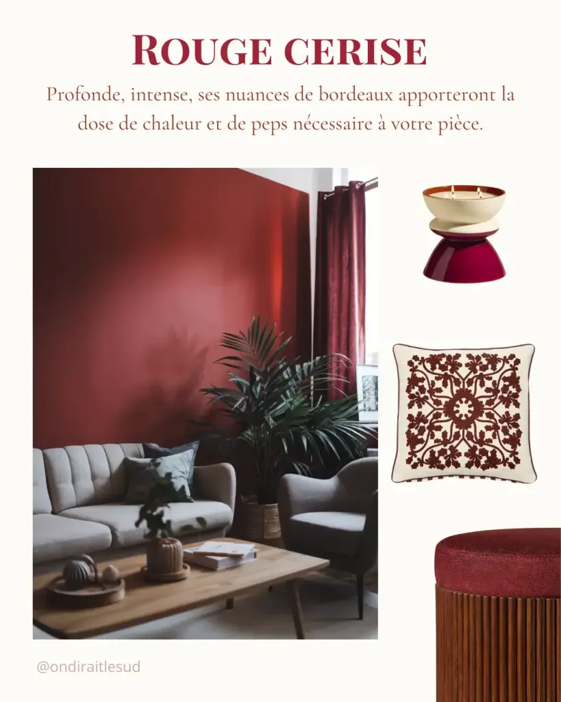 Planche d’ambiance d’On dirait le Sud autour du bordeaux : la teinte, du mobilier et des objets qui la portent