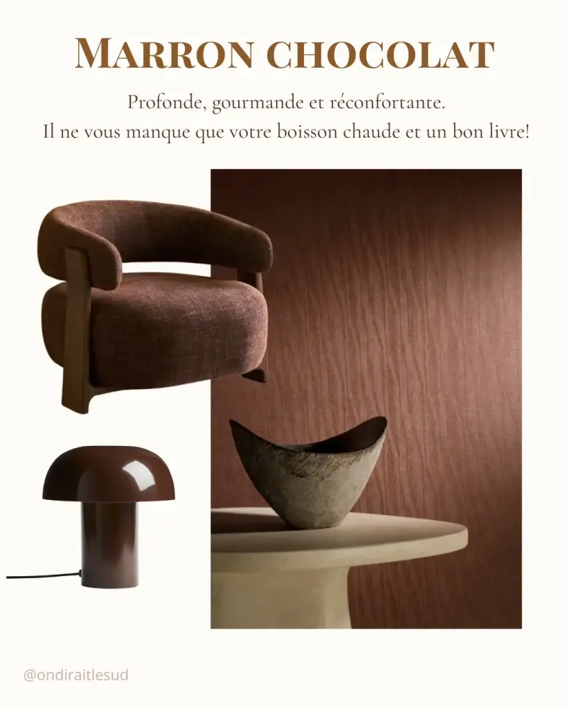 Planche d’ambiance d’On dirait le Sud autour du marron chocolat : la teinte, du mobilier et des objets qui la portent