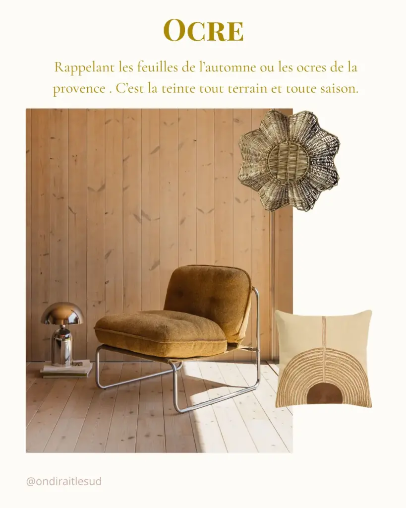 Planche d’ambiance d’On dirait le Sud autour du ocre : la teinte, du mobilier et des objets qui la portent