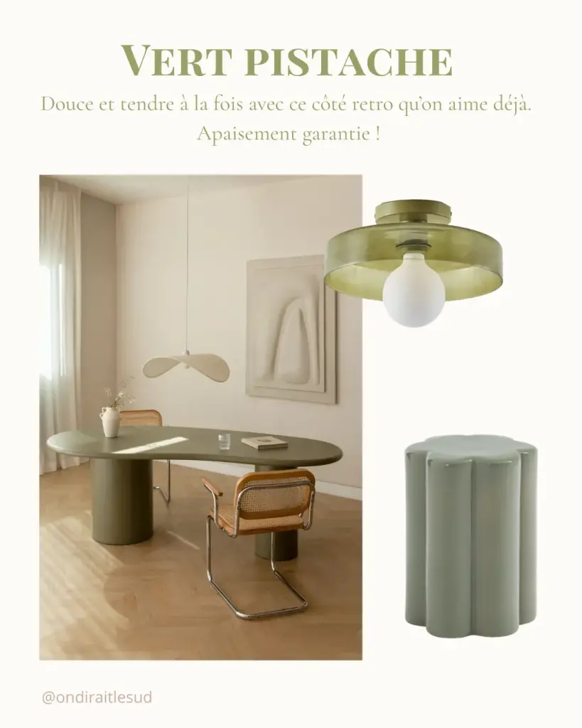 Planche d’ambiance d’On dirait le Sud autour du vert tendre : la teinte, du mobilier et des objets qui la portent